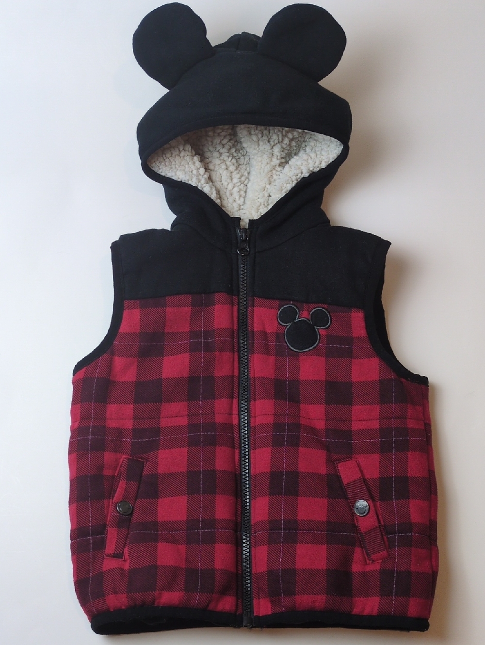 Disney Junior Mickey Ears Faux Shearling Hood Red Black Plaid Insulated Vest 4T